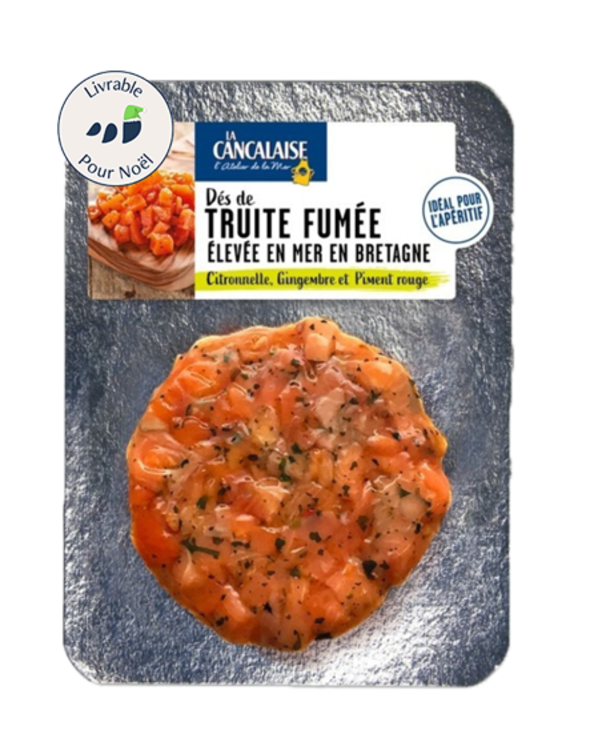 Dés de Truite fumée citronnelle, gingembre et piment rouge