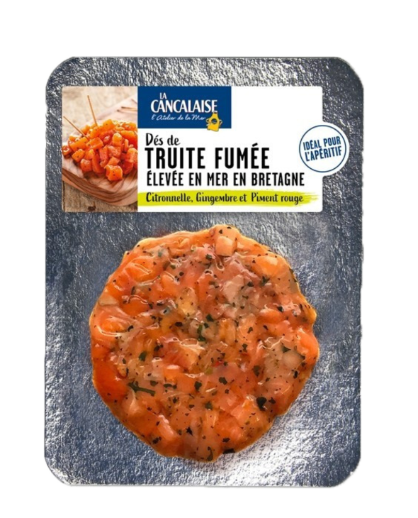 Dés de Truite fumée citronnelle, gingembre et piment rouge
