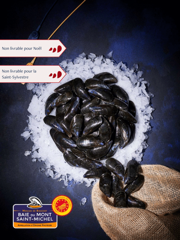 Moules de bouchot AOP de la baie du Mont St Michel, prêtes à Cuire