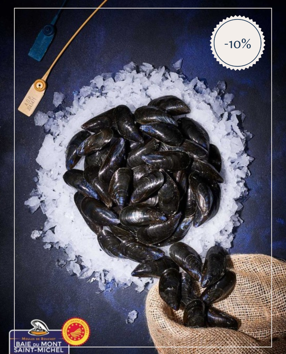Moules de bouchot AOP de la baie du Mont St Michel, prêtes à Cuire