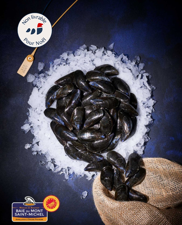 Moules de bouchot AOP de la baie du Mont St Michel, prêtes à Cuire